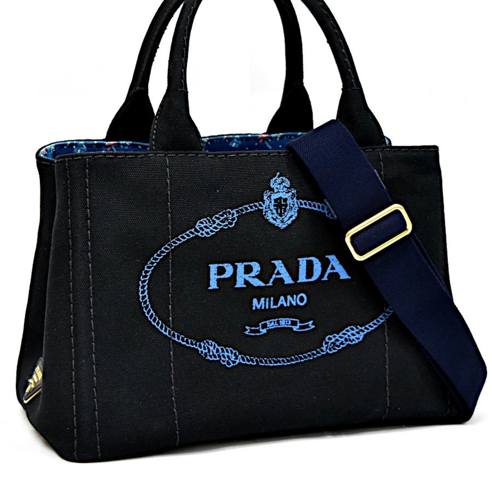 Prada Bag Handbag Floral Flower Canvas Nero Black Cobalt